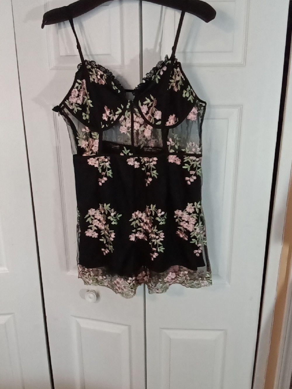 SHEIN Black Lace Garment with Pink & Green Floral Embroidery